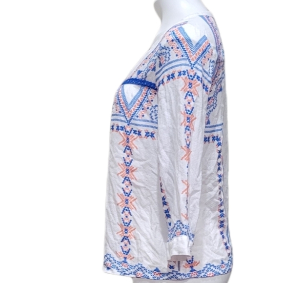 Pixley Boutique Aztec Embroidered Lace Detail Stitch White Blue Blouse Sz XS - Picture 4 of 9